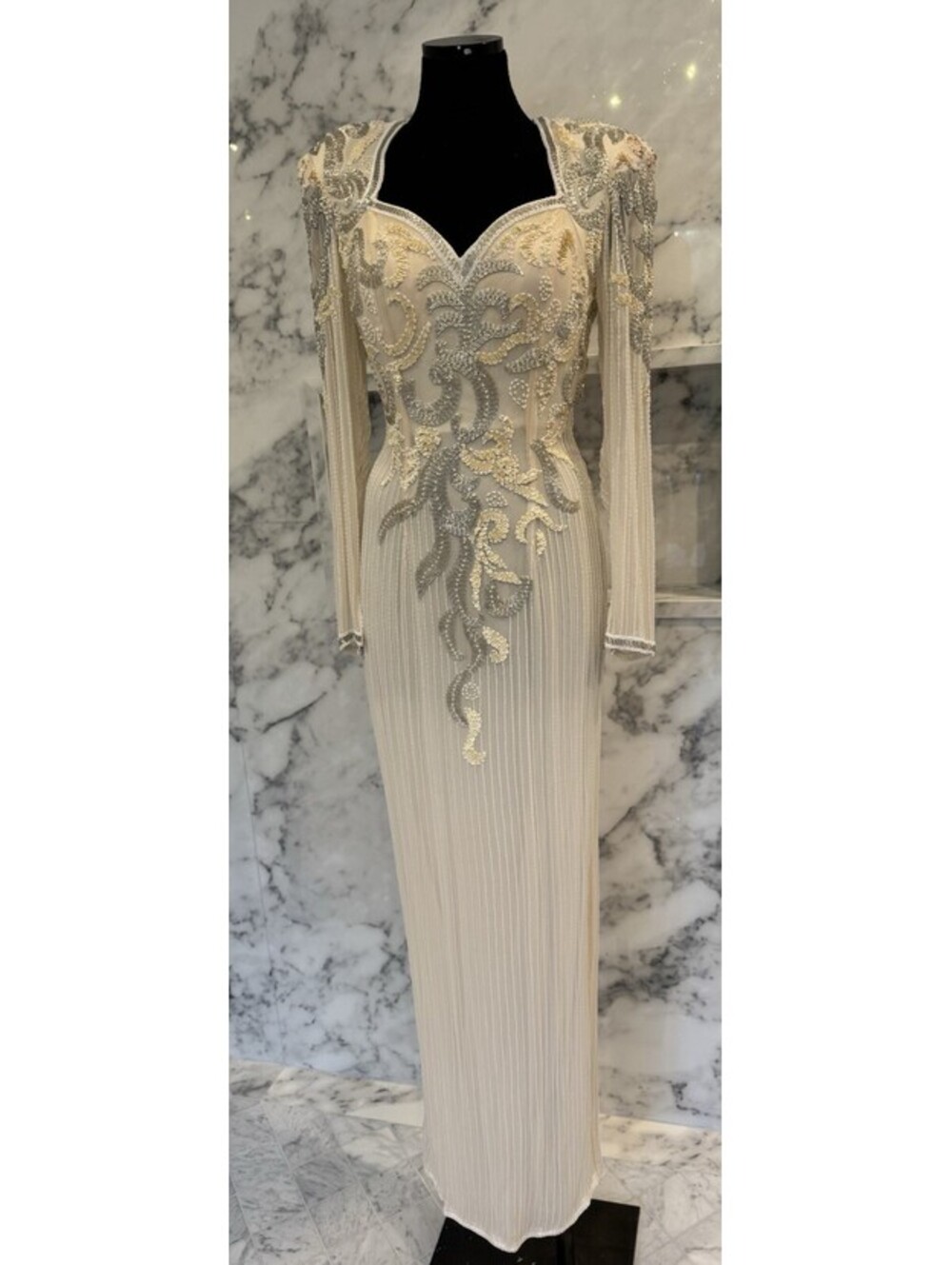 Alyce Designs Long Sleeve Evening Prom Sequin Embroidered  White Dress  Size 8